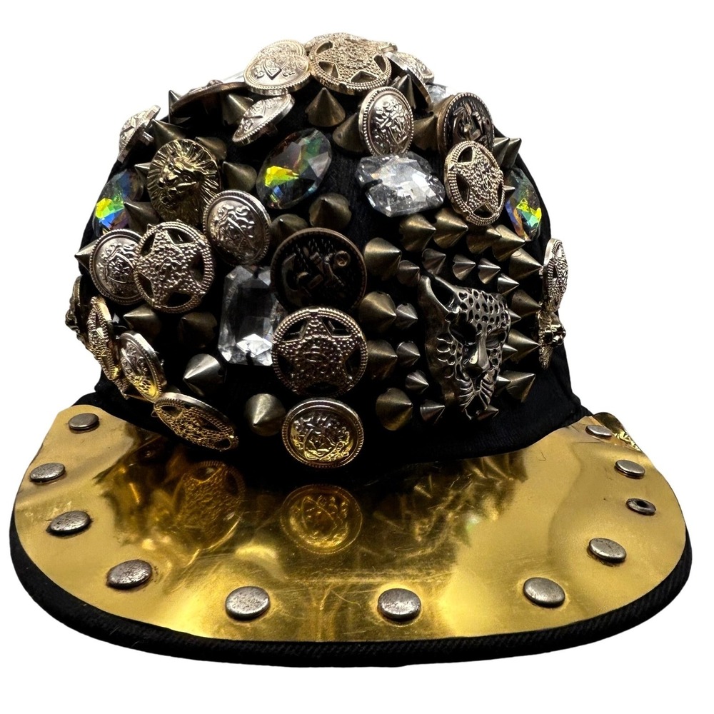 Statement Black Baseball Cap with Spikes, Buttons,‎ Rhinestones and Metal Bill